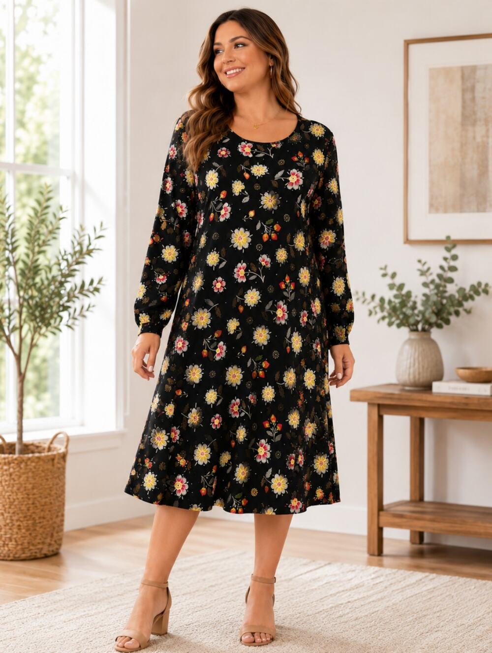 Gudrun Sjoden Floral Lyocell Midi Dress Multicolor Long Sleeve Women's XL